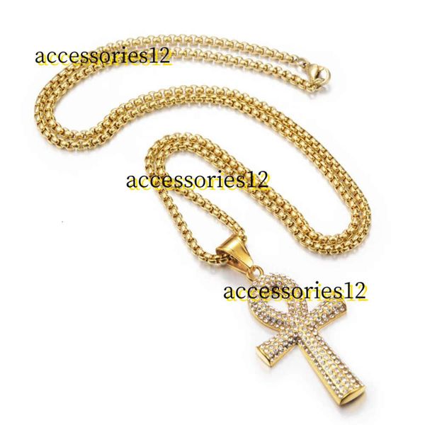 Colliers pendentifs égyptiens glacés Ankh croix pendentif collier pour femmes hommes couleur dorée 14k chaînes en or jaune Hiphop antique egypte bijoux de haute qualité 2024