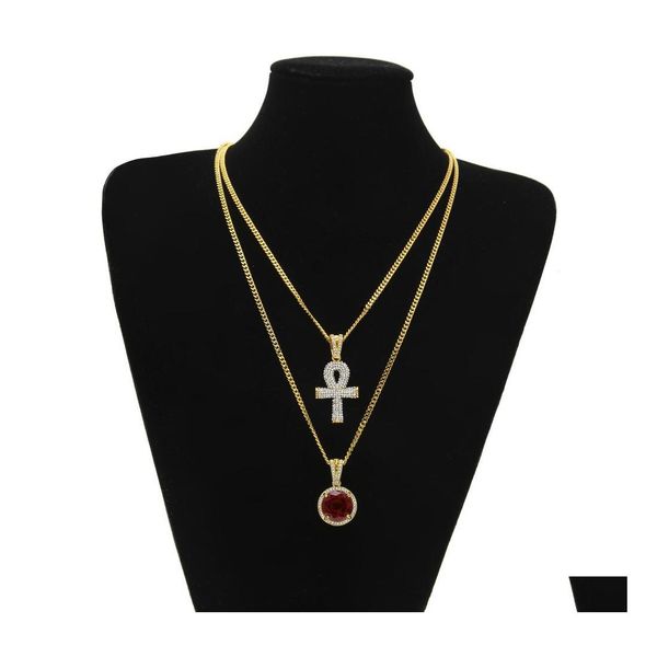 Pendentif Colliers Égyptien Grand Ankh Clé Ensembles Rubis Saphir Rond Avec Strass Croix Charmes Cubain Lien Chaînes Pour Hommes Hip Hop Otcwx