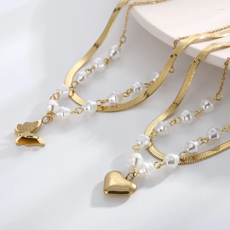 Pendanthalsband Elegant dubbelskikt Butterfly Heart Pedant för kvinnor Franska rostfritt stål Pärlor Kedjeklavikel Nack Choker smycken
