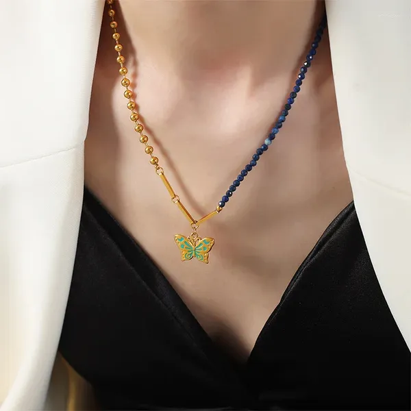 Collares colgantes elegante medio con cuentas cadena de piedra mariposa de acero inoxidable para mujeres accesorios de joyería