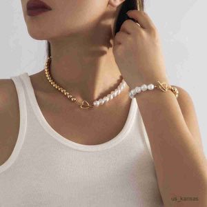 Collares colgantes Elegantes cuentas de plástico hechas a mano Collar de cadena de perlas Pulsera Estética Corazón Colgante Gargantilla Conjuntos de joyas R230728