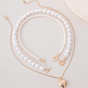 Hanger Kettingen Elegante Hart Neckalce Sieraden Voor Vrouwen Multilayer Gold Color Chain Statemem Gesimuleerde Pearl Choker Necklace