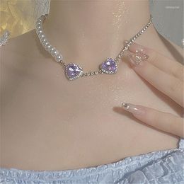 Hanger kettingen elegante paarse parel choker ketting vrouwen strass crystal hart sieraden voor valentijns verjaardagsmeisjes cadeau