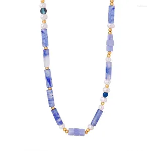Pendentif Colliers Élégant Vintage Mode Perles Collier Perles Plaqué Or En Acier Inoxydable Bleu Calcédoine Dames Bijoux