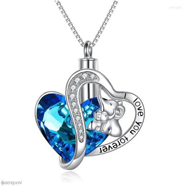 Collares colgantes Elefante Doble Corazón Cristal Azul Titular de ceniza Collar conmemorativo Regalos de moda Urna de cremación para cenizas