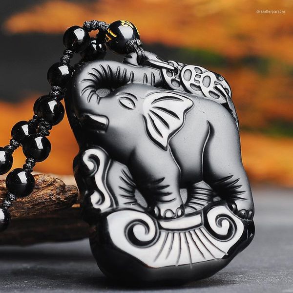 Pendentif Colliers Éléphant Naturel Noir Obsidienne Jade Collier Chinois Sculpté À La Main Fine Charme Bijoux Amulette Accessoires Pour Hommes Femmes