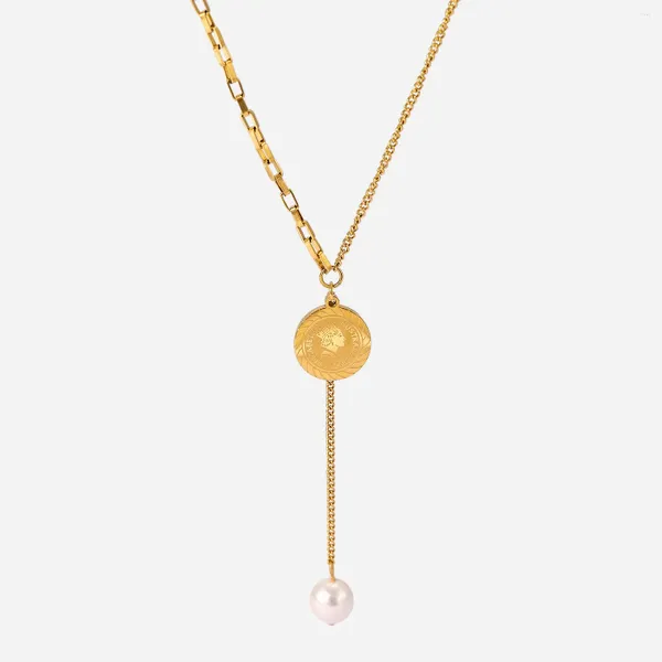 Pendentif Colliers Elizabeth Head Perle Collier en acier inoxydable en forme de Y sans décoloration Mignon Simple Clavicule Chaîne Femmes Bijoux