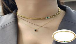 Pendentif Colliers Collier ras du cou en pierre vert émeraude pour femmes, boîte élégante, chaîne réglable, bijoux cadeau couleur or, bordure Cu8372945