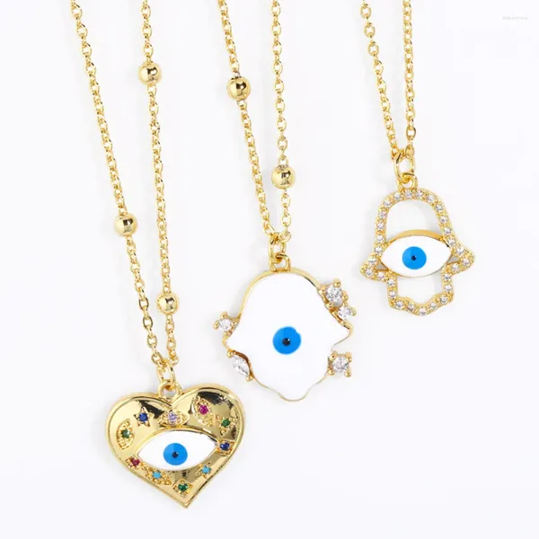 Collares colgantes Esmalte Azul Mal de ojo Fátima para mujeres Cobre Chapado en oro Forma de corazón Griego Joyería de la suerte Regalos Nkeb755
