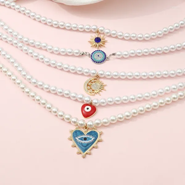 Collares colgantes Esmalte Corazón Imitación Collar de perlas Ojos vintage Gargantilla de girasol para mujeres Joyería de boda Accesorios de regalo