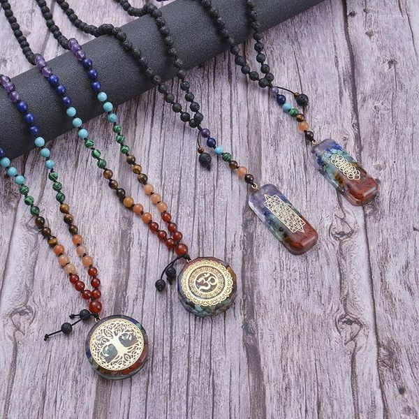 Pendentif Colliers Énergie Yoga Orgonite Collier OM Symbole Arbre De Vie 7 Chakra Guérison Pierre De Lave Chaîne Noué