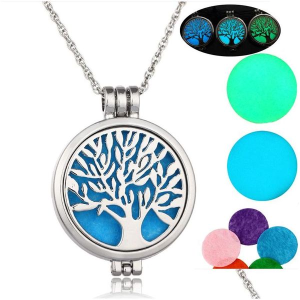 Collares pendientes Collar difusor de aceite esencial Resplandor en la oscuridad Árbol de la vida Medallón de aromaterapia para mujer Joyería de moda Drop D Dh1S6