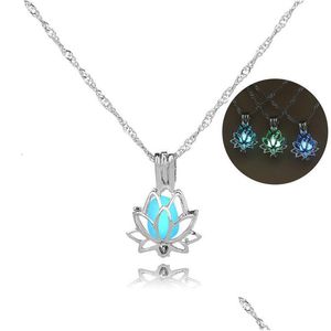 Pendentif Colliers Est Perle Cages Glow In The Dark Lotus Fleur Ouverture Creux Lumineux Médaillon Collier Pour Les Femmes S Bijoux De Mode Dhtgk