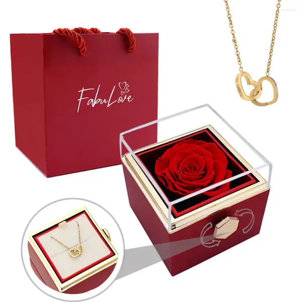 Collares colgantes Caja de rosa eterna con collar grabado Realrose Flor Regalo Corazón Personalizar Carta Día de San Valentín para ella