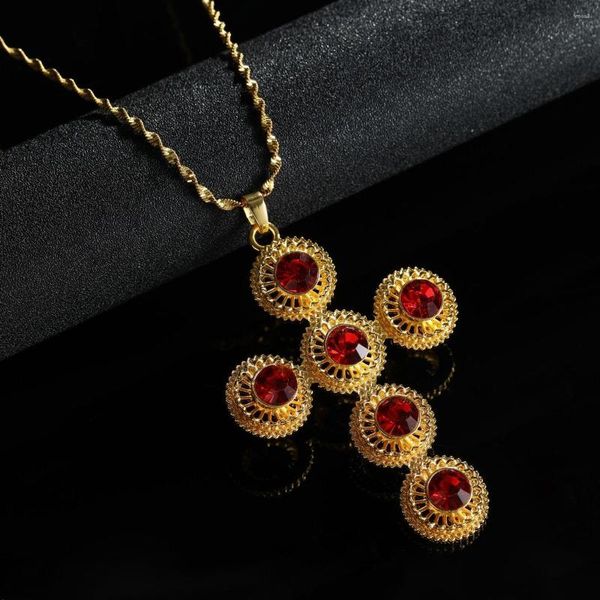 Collares con colgante de piedra de cruz grande etíope para mujer, joyería de Color dorado de Eritrea, cruces étnicas más grandes de África