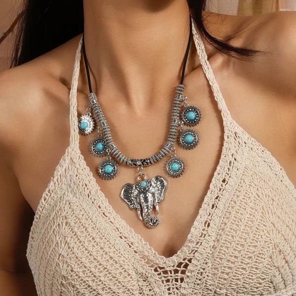 Collares colgantes étnico gran corazón elefante para mujeres bohemia turquesa negro pu cuero declaración joyería tribal