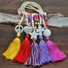 Colliers pendants ethniques Bohemian Wood Perles Instruction Chaîne Poundre Tassel Nature Stone Long Boho Star Heart Collier For Women