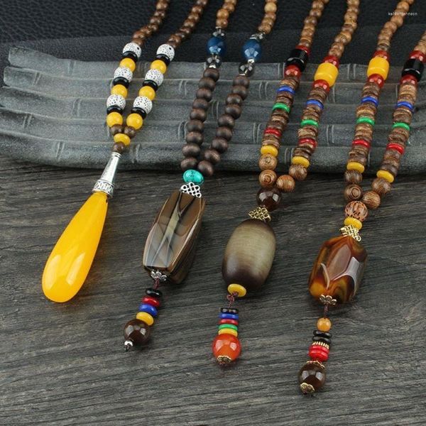 Collares pendientes Étnico Boho Cuentas de madera Collar largo Vintage Nepal Budista Mala Cadenas de madera Abrigo