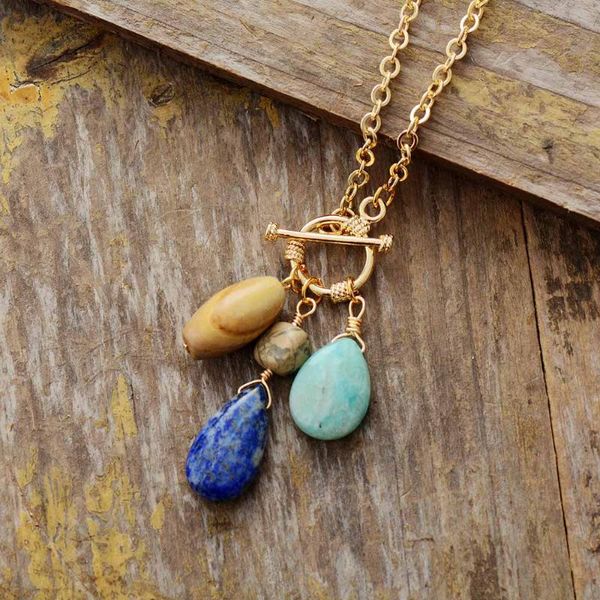 Pendentif Colliers Ethnique Pierre Naturelle Teardrop Lariat Collier Ton Or Chaîne Unique Bohème Bijoux En Gros DropPendant