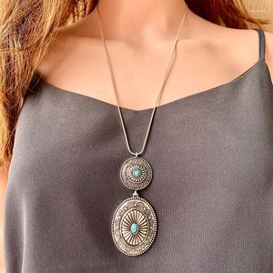 Pendentif Colliers Style Ethnique Rétro Bijoux Bohème Western Cowboy Collier Simple Turquoise Citrouille Fleur Métal Longue Chaîne