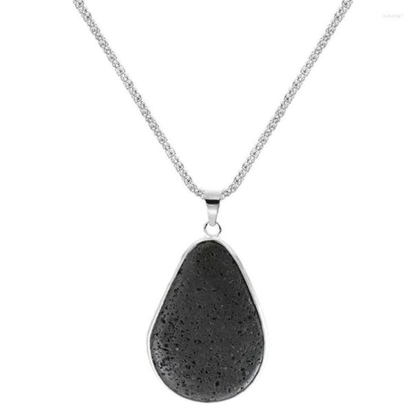 Pendentif Colliers Style Ethnique Argent Plaqué Noir Pierre De Lave Goutte D'eau Lien Chaîne Collier Charme Bijoux