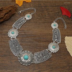 Collares colgantes étnico tibetano color plata flor grande gargantilla femme vintage turquesas geométrico hueco collar joyería de moda femenina