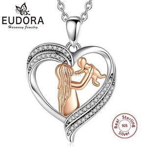 Hanger kettingen eudora 925 sterling zilveren moeder baby ketting rosé goud kleur verharde kristal hart hanger sieraden moeders dag cadeau voor vrouwen 240419