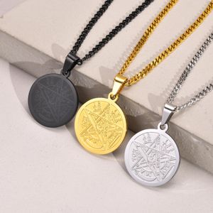 Collier pendentif rond de marque en acier inoxydable, pentagramme de salomon, bijoux noirs pour hommes, PN1695 231202