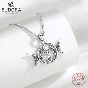 Eudora 925 argent Sterling Triple lune déesse collier pour femmes homme pierre de lune arbre de vie amulette pendentif sorcière bijoux cadeau 231020