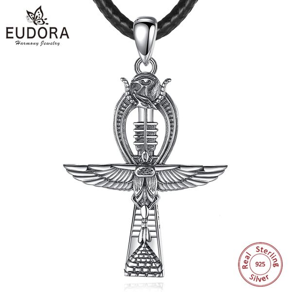 Pendentif Colliers Eudora 925 Sterling Argent Ankh Croix Collier pour Femmes Homme Aigle Scarabée Oeil d'Horus Amulette Bijoux Égyptiens Beau Cadeau 231202