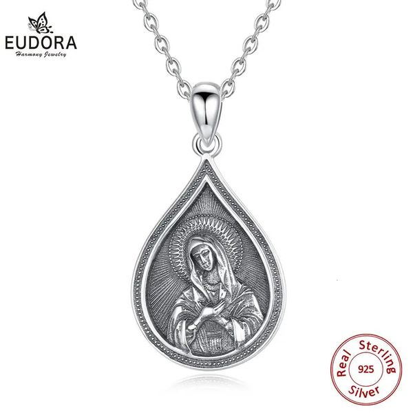 Collares colgantes EUDORA 925 Icono de plata esterlina de Theotokos Eleusa Vintage Teardrop Virgin Marys Collar para hombre Mujer Joyería D4 231025