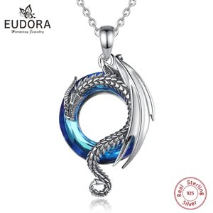 Colares de pingente Eudora Real 925 Sterling Silver Dragon Neckalce para mulheres luxo cristal austríaco legal dragão pingentes colares na moda jóias 231020