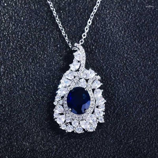 Pendentif Colliers Europe Amérique De Luxe Bijoux De Mode Bleu Cubique Zircon Géométrique Collier Pour Les Femmes De Mariage De Haute Qualité Anniversaire Cadeau