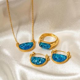 Pendentif Colliers Mode européenne américaine Style rétro naturel bleu résine ventilateur panier collier femmes en acier inoxydable bijoux en gros