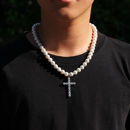 Pendentif Colliers Européen américain vendre comme des modèles simple croix 8-10mm collier de perles hip hop tendance hommes et femmes pendentif Ne219O