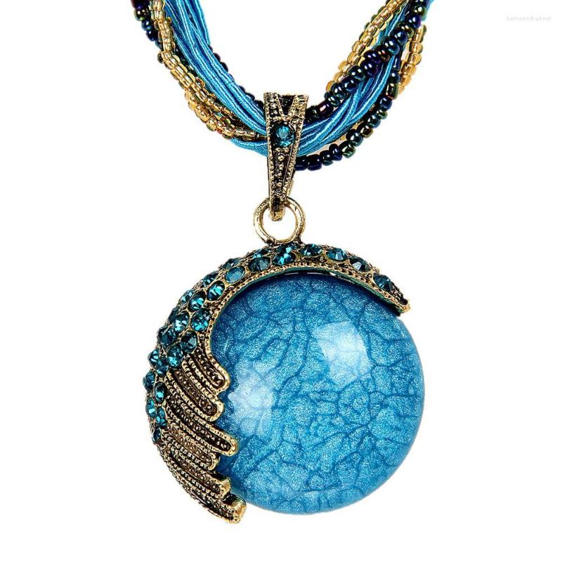 Подвесные ожерелья европейские и американские голубые лунные заливы хрустальное ожерелье ретро -богемное страза Элегантная женская мода
