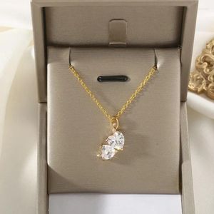 Pendentif Colliers Européen et américain Double coeur cristal collier pour femmes cuivre incrusté Zircon Banquet fête bijoux cadeau d'anniversaire