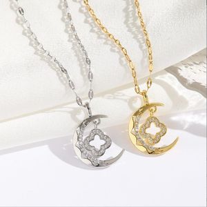 Colliers pendentifs Collier étoile filante et lune de rêve européen et américain, chaîne de collier en acier titane zircon incrusté de ciel étoilé d'inspiration féminine