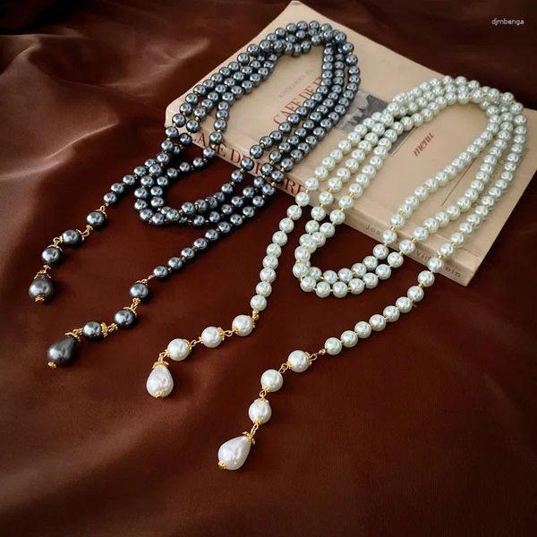 Collares colgantes Collar de perlas largo de múltiples capas exagerado europeo y americano Múltiples métodos de uso Cadena de clavícula para mujeres