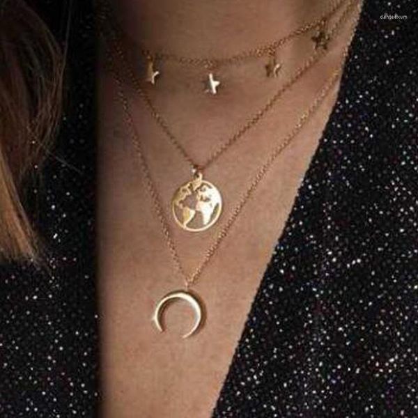 Collares pendientes moda europea multicapa estrella Luna mujeres Vintage cuerno de buey media luna collar de clavícula joyería YN817