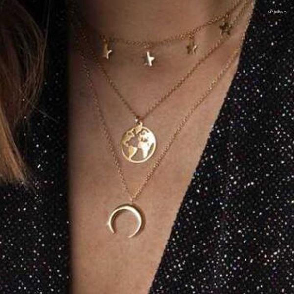 Pendentif Colliers Européen Tendance Multicouche Étoile Lune Femmes Vintage Ox Corne Croissant Clavicule Collier Bijoux YN817