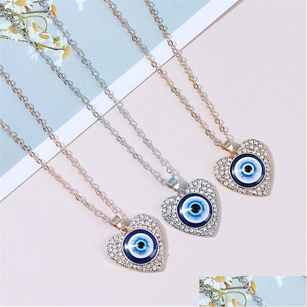 Colliers pendants Evil Blue Eye Choker Bijoux Rugestone Heart Round Design Clavicule Chain Collier Sier Rose Gold Fashion Charms L Dhjxq