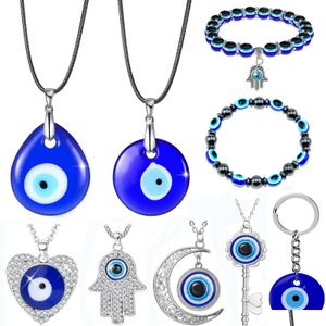 Pendentif Colliers Collier mauvais œil pour femmes porte-clés bracelet de perles bleues turques lunettes faites à la main bracelets à breloques grec Mati Hamsa Na Dhnn5
