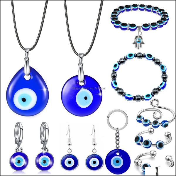 Pendentif Colliers Evil Eye Collier pour femmes Blue Charm Bracelet Keyring Grec Mati Hamsa Nazar Bague de luxe Lunettes Earrin Mjfashion Dhieu