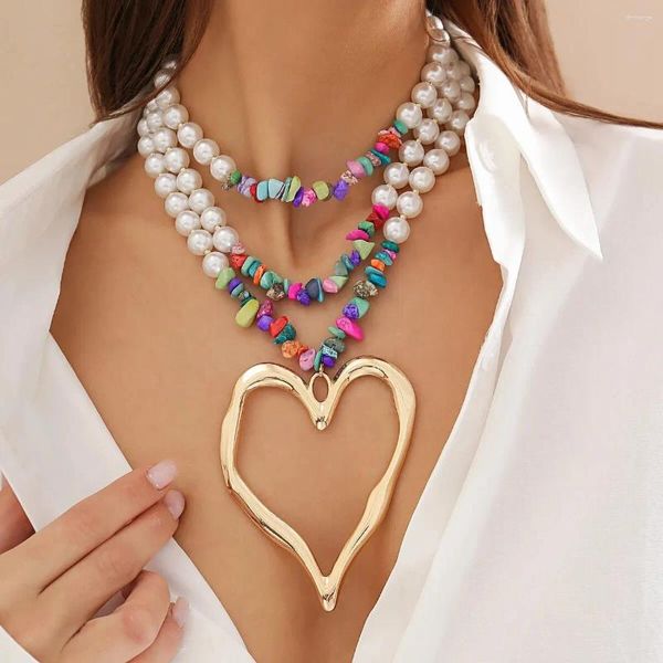 Colliers de pendentif exagéré Big Love Heart Choker Nekclace pour femmes mariés Goth Goth Imitation multicouche Perle Stone Chain Y2K Jewelry