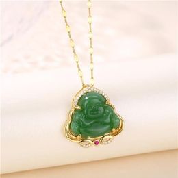 Pendentif Colliers Exquis Émeraude Imitation Jade Souriant Maitreya Bouddha Garde Pour Femmes Filles Chanceux Bijoux Anniversaire Cadeau205t