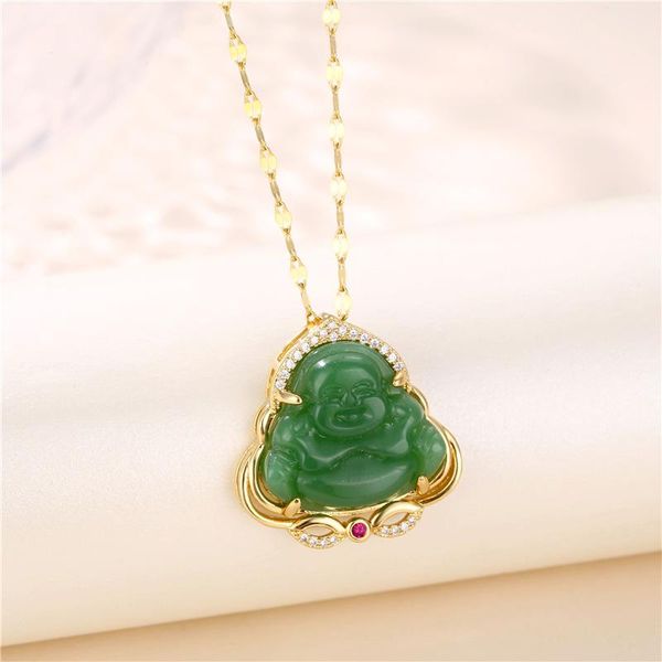 Pendentif Colliers Exquis Émeraude Imitation Jade Souriant Maitreya Bouddha Garde Pour Femmes Filles Chanceux Bijoux Cadeau D'anniversaire