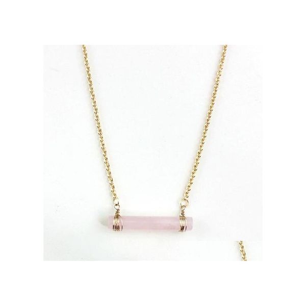 Pendentif Colliers Exquis à la main Rose Crystal Stick Bar Polissage Métal Druzy Pierre Naturelle Rose Quartz Collier Collier Drop Del Dhi9E