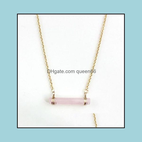 Colliers pendentifs exquis à la main rose cristal bâton barre colliers polissage métal Druzy pierre naturelle rose quartz collier collier Dhpxi