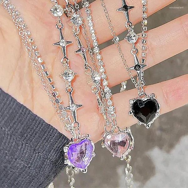 Colliers pendants exquis Y2k Purple Crystal Heart Collignant Zircon Star Choker Femmes Black Girls Cool Clavicule Chaîne